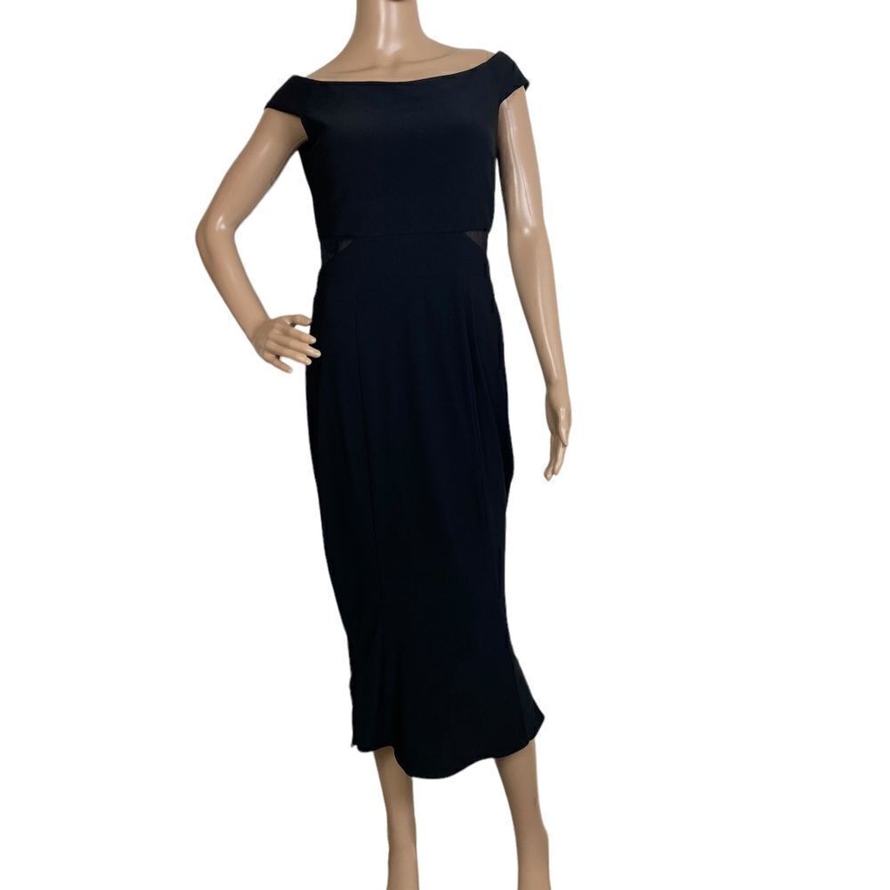 XSCAPE 10 formal black fitted slimming dress off the shoulder sleeve